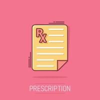 icône de prescription dans le style comique. illustration vectorielle de dessin animé de document rx sur fond blanc isolé. concept d'entreprise d'effet d'éclaboussure de papier. vecteur