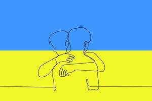 deux Hommes sont étreindre. ukrainien guerre vétéran ou réfugié de retour Accueil - un ligne dessin vecteur. concept de fin guerre dans Ukraine, revenir de ukrainien personnes, indépendance journée de Ukraine vecteur