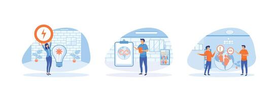 circulaire économie. homme analyses vert énergie et industrie. réduire carbone dioxyde les émissions et climat impact. circulaire économie 1 ensemble plat vecteur moderne illustration