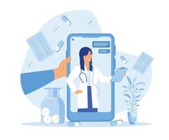 en ligne médicament et santé se soucier, médecin consultations et traitement en utilisant une intelligent téléphone, l'Internet connecté hôpital. plat vecteur moderne illustration