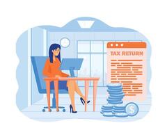 impôt retour. femme d'affaires séance à lieu de travail bureau avec ordinateur près. énorme Imposition rembourser document. plat vecteur moderne illustration