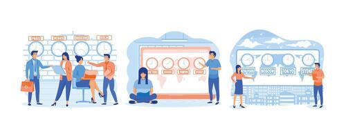 local temps zones. international temps et date. minuscule gens affaires mondial. ensemble plat vecteur moderne illustration