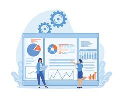 Bureau travail deux femme sont en train d'étudier le infographie, le une analyse de le évolutionniste escalader. plat vecteur moderne illustration