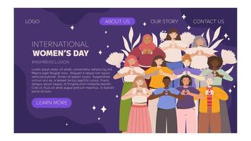 iwd inspirer inclusion campagne, international aux femmes journée 2024 atterrissage page modèle Caractéristiques une la diversité de femmes fabrication cœur geste avec leur mains. vecteur main tiré illustration dans plat style.