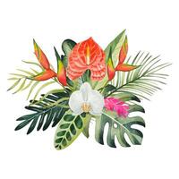 main tiré bouquet avec tropical feuilles et fleurs, aquarelle vecteur