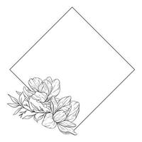 magnolia ligne dessin. noir et blanc floral cadres. floral ligne art. bien ligne magnolia illustration. main tiré contour fleurs. botanique coloration page. mariage invitation fleurs vecteur
