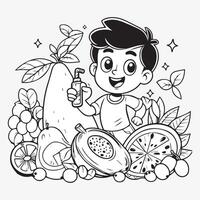 mignonne dessin animé garçon avec des fruits. vecteur illustration pour coloration livre.