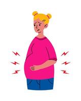 inquiet Enceinte fille estomac mal. mère dans mal condition. maladie, grossesse symptômes, maternité, santé problème concept. prématuré naissance, contractions. plat vecteur isolé illustrations.