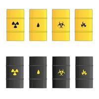 une ensemble de Jaune et noir acier barils pour stockage produits chimiques. barils pour stockage radioactif déchets vecteur