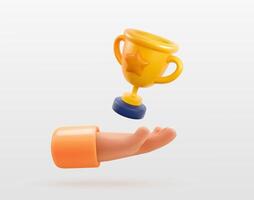 champion tasse dans Humain main 3d vecteur illustration. gagner prix, premier endroit sport compétition conception élément. isolé dessin animé trophée tasse sur blanc Contexte.