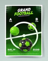 Football rencontre disposition modèle. football ligue affiche vecteur illustration. sport Jeux placard dans vert couleurs. 3d brillant Football des balles sur le stade champ herbe.