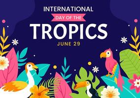 international journée de le tropiques vecteur illustration sur 29 juin avec animal, herbe et fleur les plantes à préserver tropique dans la nature plat Contexte