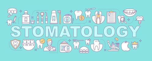 bannière de concepts de mots de dentisterie. stomatologie. diagnostic et traitement des problèmes de dents. soins dentaires. idée de typographie de lettrage isolé avec des icônes linéaires. illustration de contour de vecteur