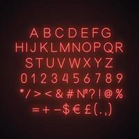 alphabet rouge, chiffres et signes mathématiques icône néon. symboles lumineux abc. des lettres. illustration vectorielle isolée vecteur