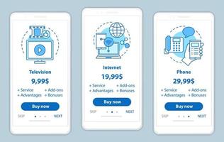 télévision, téléphone, forfait Internet intégrant les écrans d'applications mobiles avec les prix des services. plans tarifaires et forfaits. modèles de pages de site Web pas à pas. mise en page de la page Web de paiement par smartphone vecteur