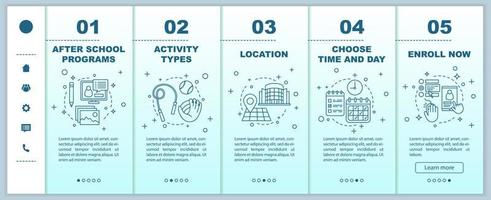 après l'éducation scolaire intégration du modèle vectoriel de pages Web mobiles. centre d'apprentissage après l'école. programme parascolaire. interface de site Web de smartphone réactive. écrans de pas à pas de page Web