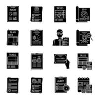 ensemble d'icônes de glyphe d'audit. contrôle financier. impôts, rapports annuels. audit interne, externe. comptabilité et tenue de livres. budgétisation et financement. symboles de silhouette. illustration vectorielle isolée vecteur