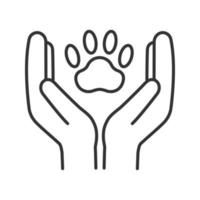 icône linéaire de bien-être animal. illustration de la ligne mince. mains tenant la patte. soins aux animaux de compagnie. symbole de contour. dessin de contour isolé de vecteur