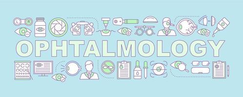 bannière de concepts de mots d'ophtalmologie. santé visuelle. optométrie. diagnostic et traitement des problèmes oculaires. idée de typographie de lettrage isolé avec des icônes linéaires. illustration de contour de vecteur