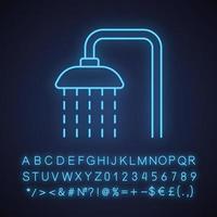 icône de néon de douche. robinet de douche avec eau courante. signe lumineux avec alphabet, chiffres et symboles. illustration vectorielle isolée vecteur