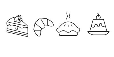gâteau griffonnage illustration comprenant Icônes - tarte, tranche, boulangerie, bonbons, Pâques, pièce, des fruits. mince ligne art à propos dessert des produits. modifiable accident vasculaire cérébral vecteur