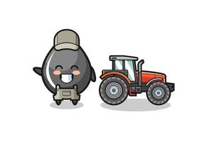 la mascotte d'agriculteur de goutte d'huile debout à côté d'un tracteur vecteur