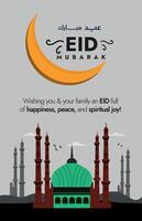 eid moubarak. eid mubarak fête social médias Publier dans gris Couleur Contexte avec mosquée tombeau dans vert couleur, piliers dans marron et croissant lune dans doré. arabe Traduction veux dire eid mubarak vecteur