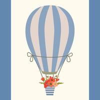 un illustration avec une chaud air ballon et une rayé panier avec coquelicots. vecteur