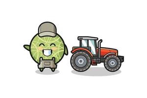 la mascotte de fermier de melon debout à côté d'un tracteur vecteur