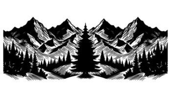 panorama silhouette Montagne avec forêt pin des arbres paysage noir ligne esquisser art main tiré style vecteur illustration