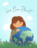 salutation carte pour Terre jour, monde environnement jour, fille en portant planète dans sa mains vecteur