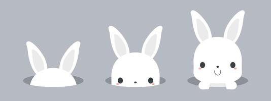 mignonne blanc lapin lapin apparaissant de trou. plat vecteur illustration.