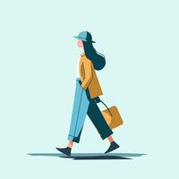 femme en marchant avec une sac et chapeau vecteur illustration