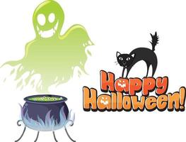 logo de texte joyeux halloween avec pot de potion de sorcière vecteur