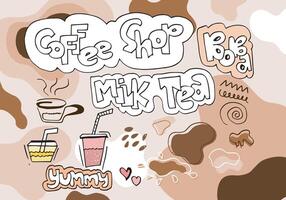 conception de promotions spéciales de thé au lait à bulles, thé au lait boba, thé au lait perlé, boissons délicieuses, cafés et boissons gazeuses avec logo et bannière publicitaire de style doodle. illustration vectorielle. vecteur