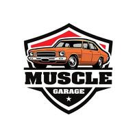 muscle voiture garage badge emblème prêt fabriqué logo vecteur illustration. meilleur pour mécanicien et garage en relation industrie