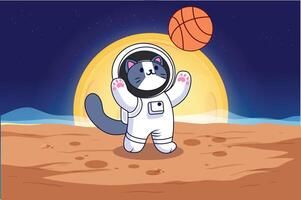 mignonne chat en jouant basketball sur extérieur espace planète avec basketball pôle dessin animé vecteur icône illustration, con concept isolé prime vecteur. adapté pour infographie et livre image illustration