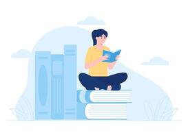 une femme en train de lire avec une empiler de livres concept plat illustration vecteur