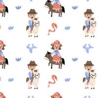 cow-boy et fille sans couture Contexte - dessin animé personnages les enfants. vecteur illustration pouvez utilisé pour cow-boy faire la fête, affiches, fonds d'écran, activité occidental modèle avec garçon et fille.