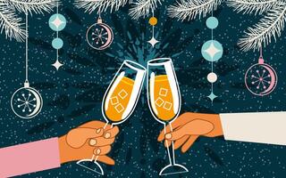 content vacances. des lunettes de pétillant Champagne dans mains. célébrer Nouveau année, Noël ou autre vacances. vecteur. vecteur