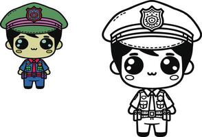 policier ou police officier. coloration page et coloré clipart personnage. mignonne dessin animé pour enfants. vecteur illustration.