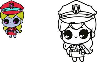 policier ou police officier. coloration page et coloré clipart personnage. mignonne dessin animé pour enfants. vecteur illustration.
