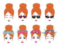 fille avec rouge cheveux chignon avec différent fleur couronnes de fleurs et des lunettes de soleil. illustration pour arrière-plans et emballage. image pouvez être utilisé pour cartes, affiches et autocollants. isolé sur blanc Contexte. vecteur