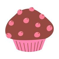 Chocolat muffin avec rose baies, nourriture vecteur illustration, cuit bonbons, plat style muffin