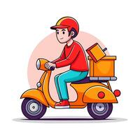 une livraison homme équitation une scooter avec des boites sur le dos, une dessin animé style vecteur illustration