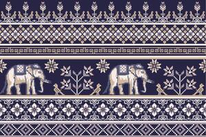 ethnique thaïlandais blanc l'éléphant pixel art sans couture modèle sur foncé bleu Contexte. vecteur conception pour tissu, tapis, tuile, broderie, emballage, arrière-plan, et fond d'écran