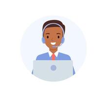 avatar de le appel centre opérateur. africain américain Jeune homme portant dans écouteurs, le concept de en ligne client soutien. vecteur illustration dans plat style.