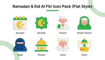 Ramadan et eid Al fitr icône ensemble dans plat style adapté pour la toile et app Icônes, présentations, affiches, etc. vecteur