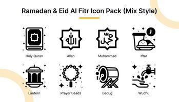 Ramadan et eid Al fitr icône ensemble dans mélanger style adapté pour la toile et app Icônes, présentations, affiches, etc. vecteur