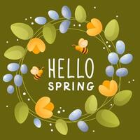 printemps carte, Bonjour printemps, floral couronne, abeille sur une vert Contexte. vecteur